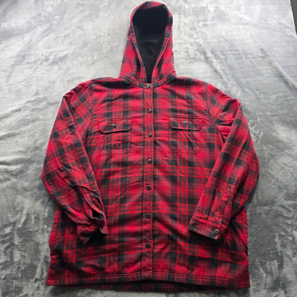 L.L.Bean XL Regular Hooded Flannel Shirt Jacket Red Black Plaid Fleece Lined